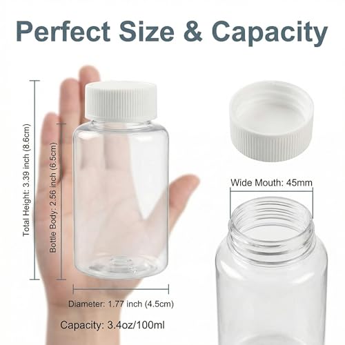 12 Pack 100ml Clear Plastic Refillable Bottles with White Caps - Travel & Storage Containers