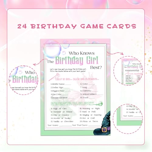 24 Interactive Witch-Themed Birthday Game Cards for Girls