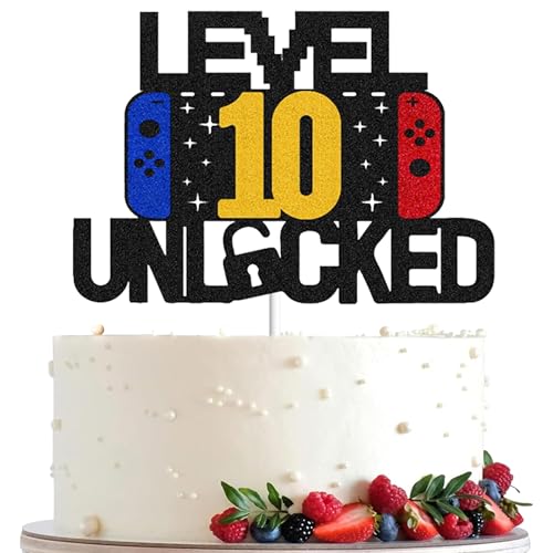 Level 10 Unlocked Cake Topper Black Glitter Video Gamer Birthday Party