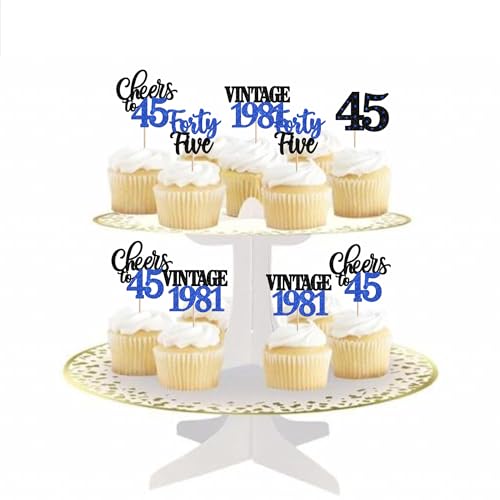 45th Birthday Cupcake Toppers Vintage 1981 Blue Party Picks 24 Pcs