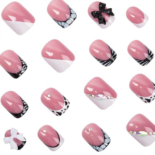 Black and White French Press on Nails Short Square with Rhinestones Bow
