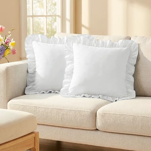 White Ruffle Throw Pillow Covers - Set of 2 Cushion Cases 18x18 inches