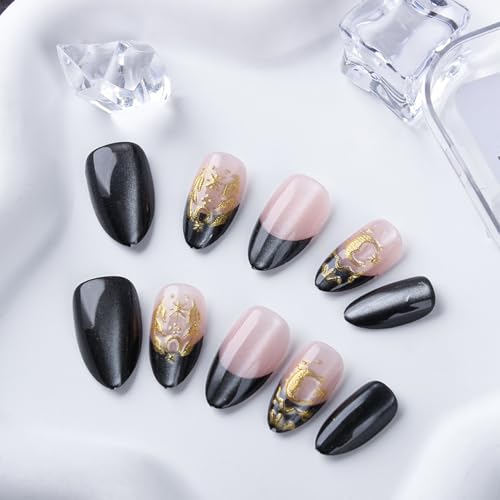 Black French Tip Press on Nails Short Almond False Nails with Gold Glitter