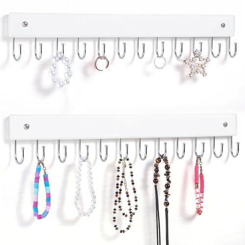 Dntorx White Wooden Wall Necklace Organizer with 24 Hooks – Jewelry & Accessory Storage