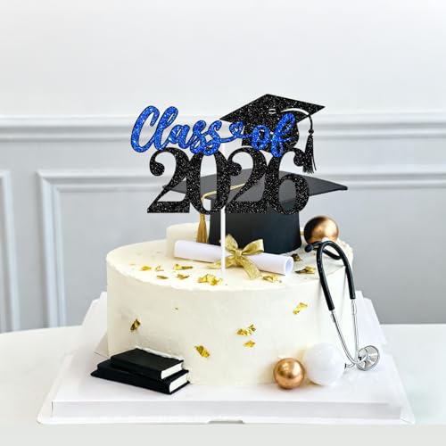 Class of 2026 Graduation Cake Topper - Black & Blue Glitter