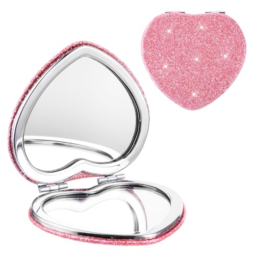 Mabor Heart Shaped Compact Pocket Mirror - 1x/2x Magnifying Pink Purse Vanity Mirror