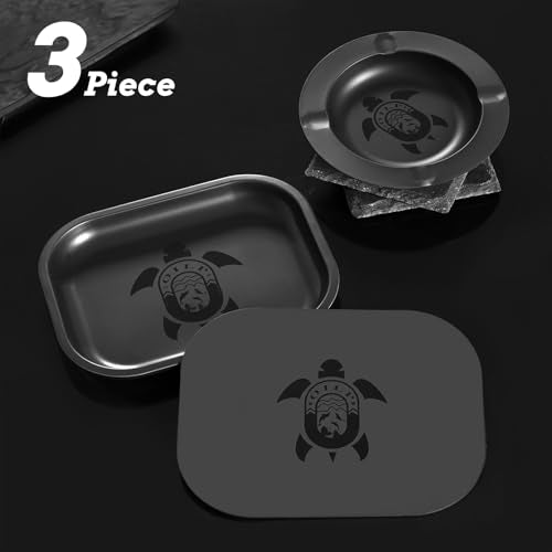 Metal Rolling Tray Set with Magnetic Lid and Ashtray, Funny Turtle Design