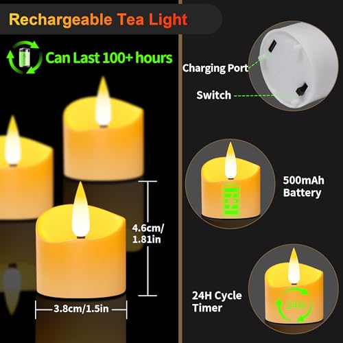 Rechargeable USB-C Tea Lights with Charging Base 12 Pack - Remote Control
