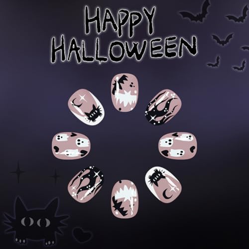 Halloween Press on Nails Short Acrylic False Nails Ghost Cat Design