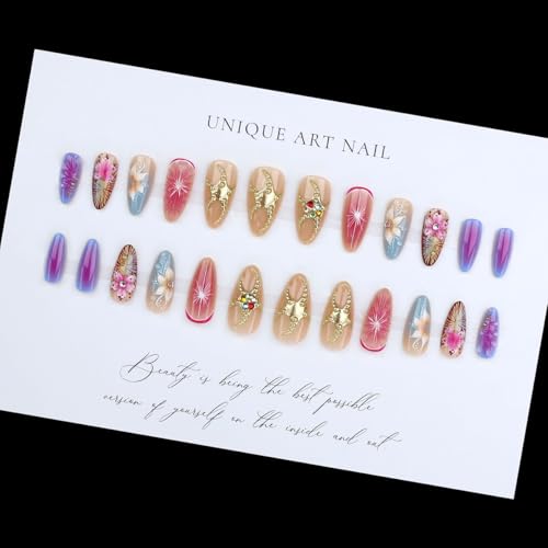 ZIFANHU Medium Almond Press on Nails 3D Flower Fake Nails Gradient Acrylic
