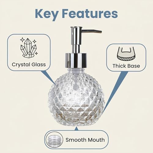 OHEETU 220ml Clear Glass Soap Dispenser with Rust-Resistant Silver Pump
