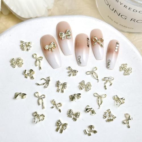 30Pcs Gold Bow Nail Charms Shining Alloy Bows for Acrylic Nails & DIY Crafts