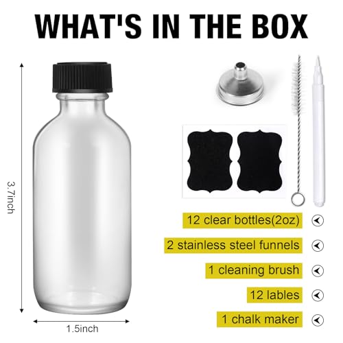 12-Pack 2oz Transparent Glass Bottles with Lids - Leakproof
