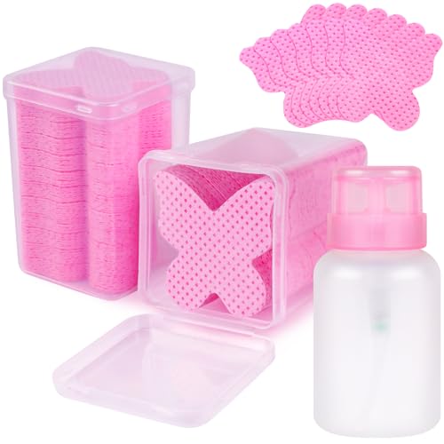 Nail Cotton Pads and Pump Dispenser Bottle Set, 400 Pcs Pink Lint Free Wipes