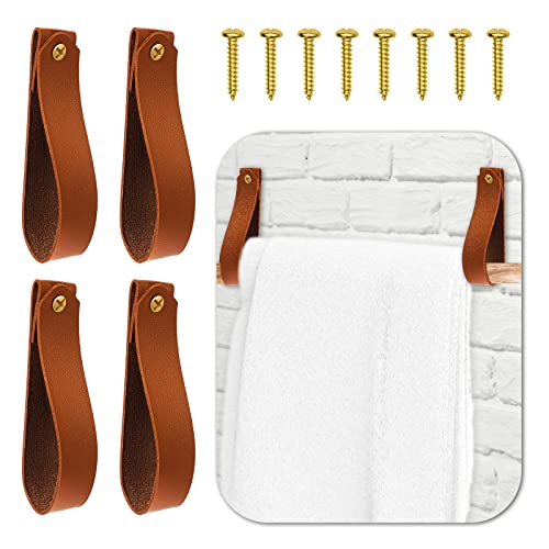Abeillo 4 Pcs Leather Wall Hooks - Brown PU Leather Hanging Strap Hanger