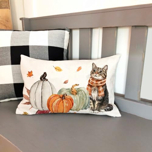 Fall Lumbar Pillow Cover 12x20 Cat and Pumpkin Autumn Farmhouse Decor