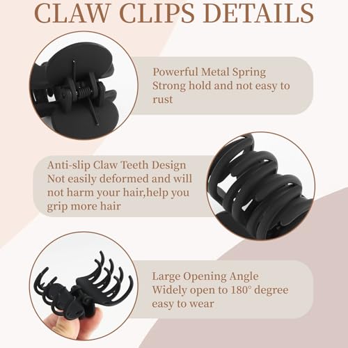 QIUTIMIY Medium Black Hair Claw Clips 8PCS Non Slip Matte Hair Claws