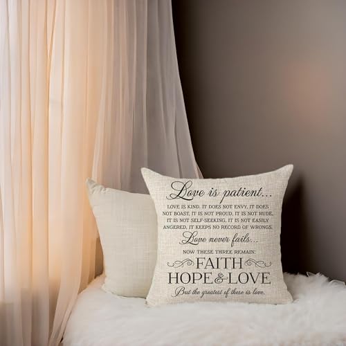 Love Is Patient Kind Motivational Throw Pillow Cover, 18x18 Cotton Linen