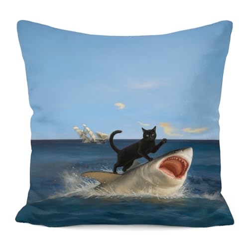 Funny Black Cat & Shark Pillow Cover 18x18 - Quirky White Cat Design