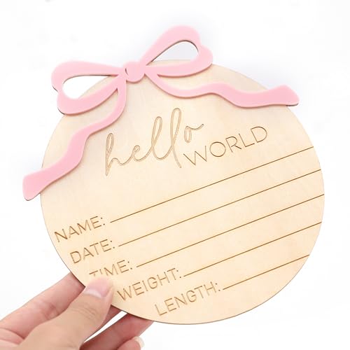 Hello World Wooden Baby Announcement Sign with Bow - Newborn Photo Prop