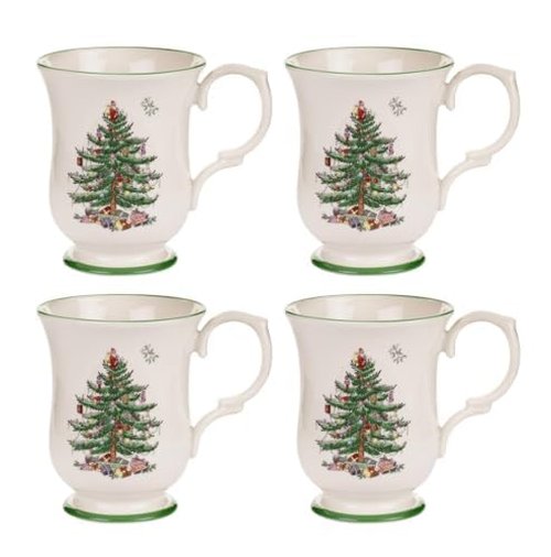 Spode Christmas Tree Footed Mug - 12 Oz Festive Mug for Coffee, Hot Cocoa, Lattes - Romantic Shape with Santa Design, Porcelain Mug - Dishwasher, Microwave, & Freezer Safe, Gift-Boxed (Set of 4)