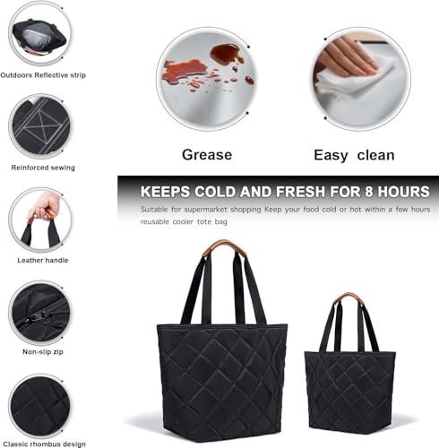 Insulated Grocery Cooler Bag - Large Reusable Tote, Satin Black