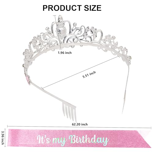 AMCAMI Pink Birthday Crown and Sash Set Rhinestone Tiara for Women