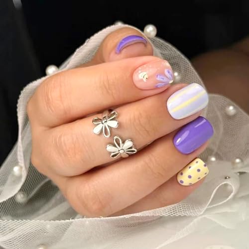 Purple Short Square Press on Nails with Bee and Flower Design Glossy Fake Nails Kit
