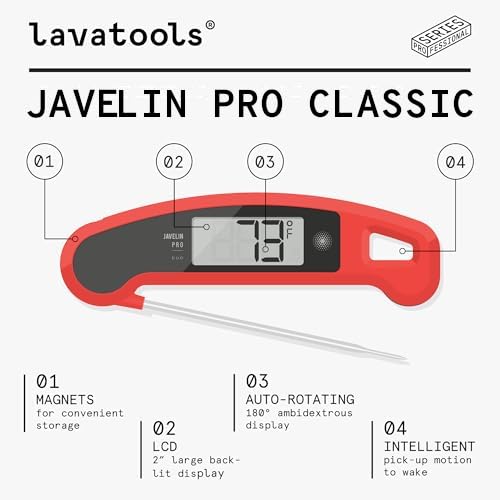 Lavatools Javelin® PRO Classic Digital Instant Read Meat Thermometer - Ultra-Fast 2-Second Response, Auto-Rotating Backlit Display, IP65 Water Resistant