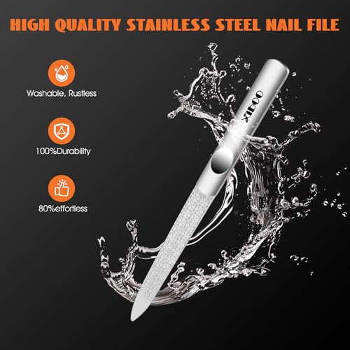 XIPOO Stainless Steel Metal Nail Files Set with Pointed Tip and Anti-Slip Handle for Natural and Acrylic Nails