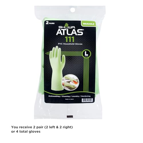 SHOWA 111 Large Skin-Friendly Dishwashing Gloves - Latex-Free PVC, Green, 2 Pack