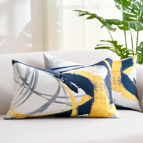 Wosendy Navy Blue Lumbar Throw Pillow Covers 12x20, Set of 2 Abstract Gold