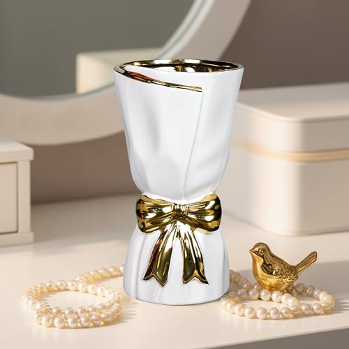 10 Inch White Bow Vase - Modern Ceramic Flower Vase for Home Decor