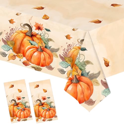 Yellow Pumpkin Disposable Tablecloths 2 Pack - Thanksgiving & Holiday Party Covers 54 x 108 Inches