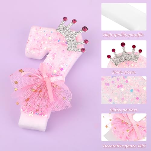 Pink Number 7 Birthday Candle with Glitter Crown and Bow Cake Topper
