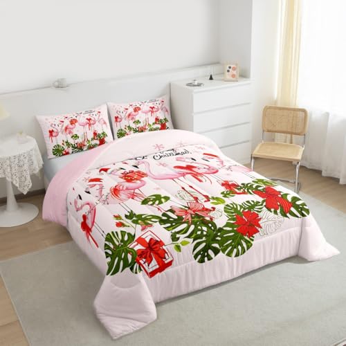 King Comforter Set Pink Flamingo Cartoon Bird All Season Bedding with Microfiber Polyester