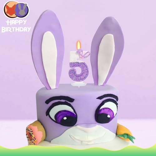 Glitter Purple Bunny Number 5 Candle - Cute Cake Topper for Kids
