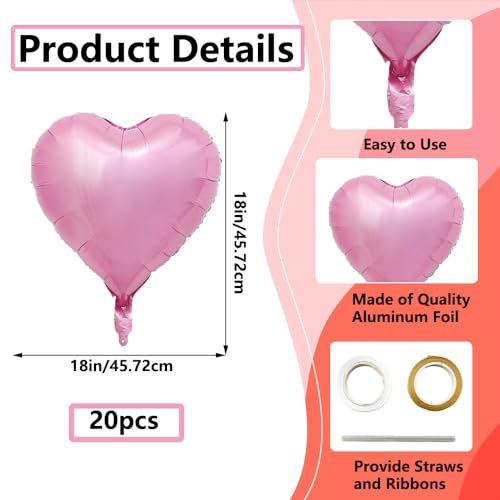 18-Inch Pink Heart Balloons - 20pcs Foil Mylar for Parties