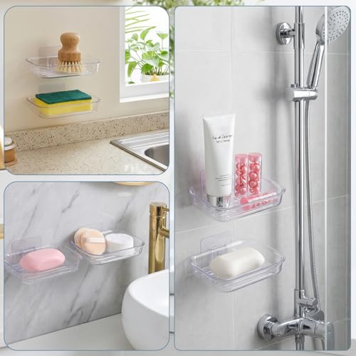 Adhesive Soap Dish for Shower Wall - Self-Draining Clear Plastic Holder
