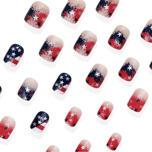 Hiynef 4th of July Short Square Press On Nails – Red & Blue Gradient with Silver Star & Glitter Acrylic False Nails (24 Pcs)
