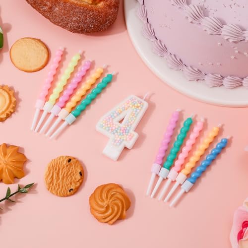 Macaron Number 4 Birthday Candle with 12 Rainbow Spiral Candles