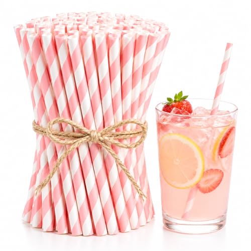 Haundry Pink Striped Paper Straws - 100 Count Biodegradable Party Straws