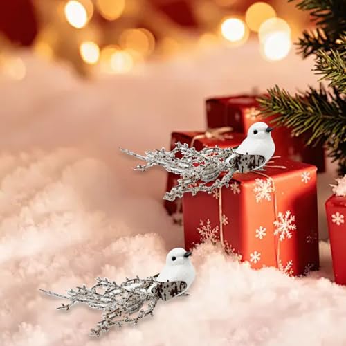 12pcs White Glitter Birds Clip-On Christmas Tree Decorations Winter Wreath Crafts