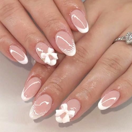 French Tip Press on Nails Nude Almond Fake Nails with Bow and Pearls