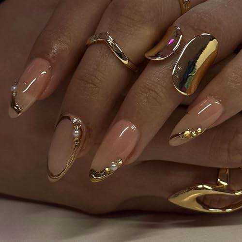 Almond Press on Nails Gold French 3D Pearl Acrylic Fake Nails 24 Pcs