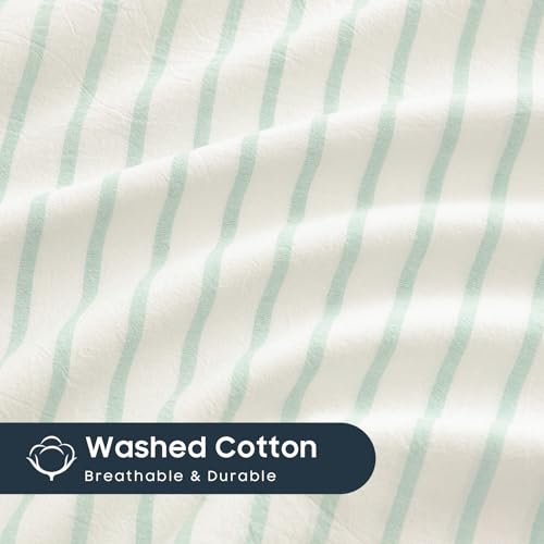 Striped Pillow Cases Set of 2 - 100% Washed Cotton, Green & White, Standard Size 20x26 Inches
