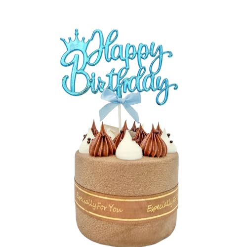 Blue Acrylic Happy Birthday Cake Topper with Crown and Bow 3x5 Inch