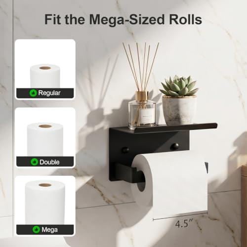 Idymere Matte Black Wall Mount Toilet Paper Holder with Shelf, Adjustable & Mega Roll Compatible