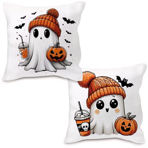 Fall Ghost Pillow Covers 18x18, Soft Flannel Halloween Decor (Set of 2)