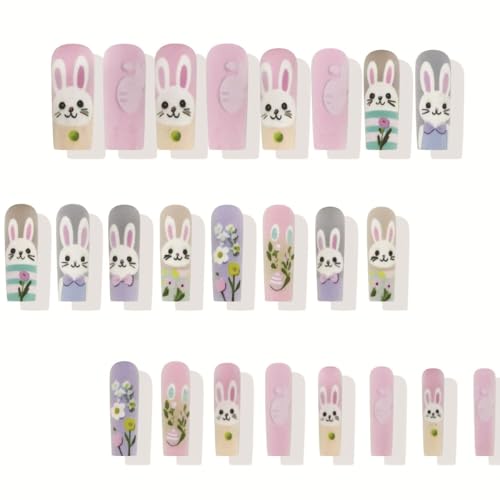 Easter Press on Nails Long Square Cute Bunny Spring Flower False Nails